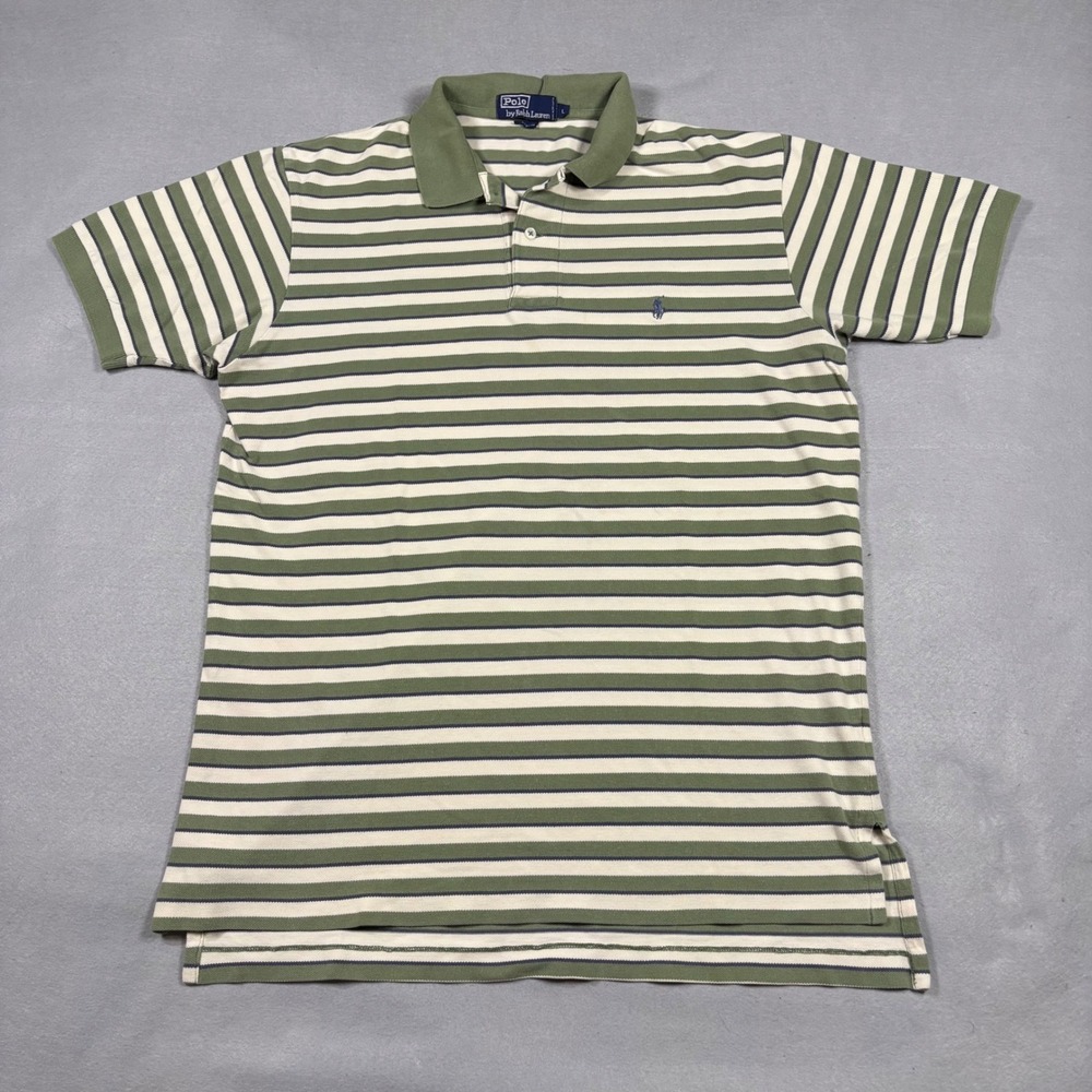 Polo Ralph Lauren Mens Large Striped Polo Shirt Olive Green Navy Blue Cotton